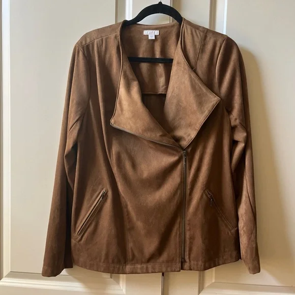 NWOT J.Jill Acorn Brown Faux Suede Asymmetric Zip Up Moto Jacket Size medium - Picture 4 of 9